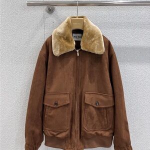 Miu Miu Brown Bomber Jacket with Cream Fur Collar